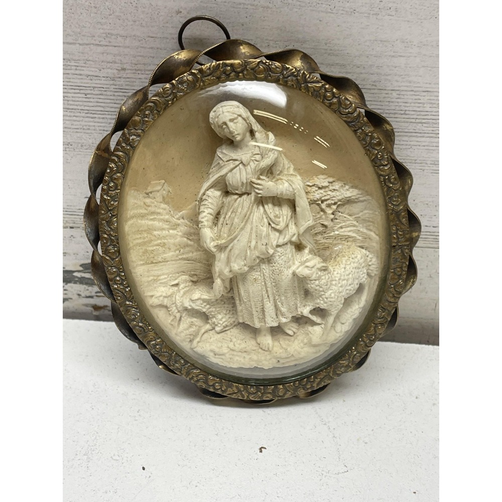 Vintage Religious Shepherdess Wall Plaque Relief Oval Brass Frame Lambs Decor